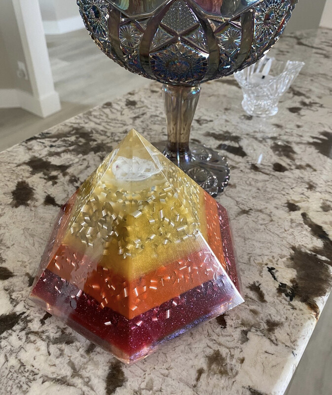 Orgonite Golden Hexagonal Pyramid, Sunrise Colours, 5.75”hx6.75”w