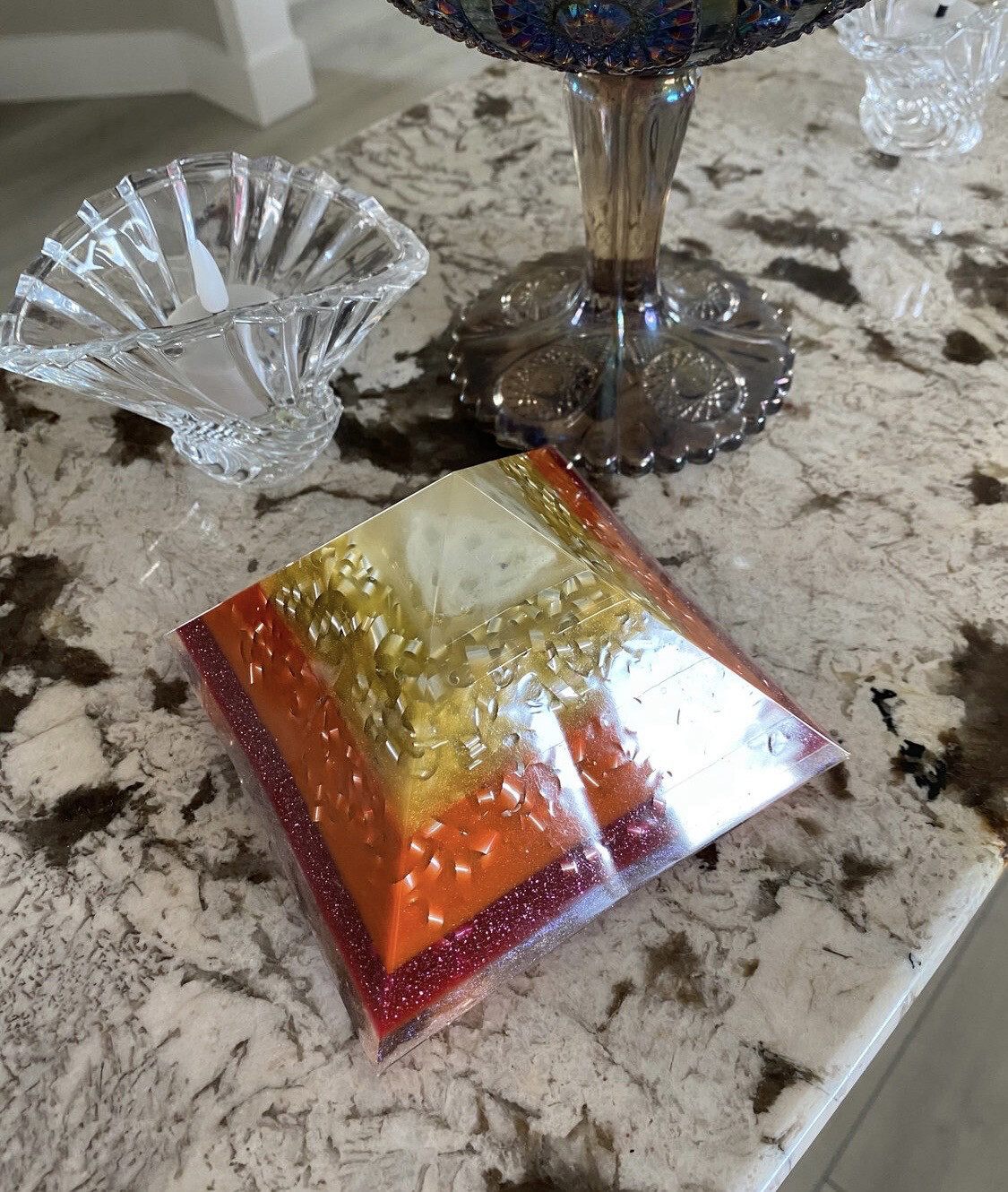 Orgonite Cheops 8 sided Pyramid, Sunrise Colours