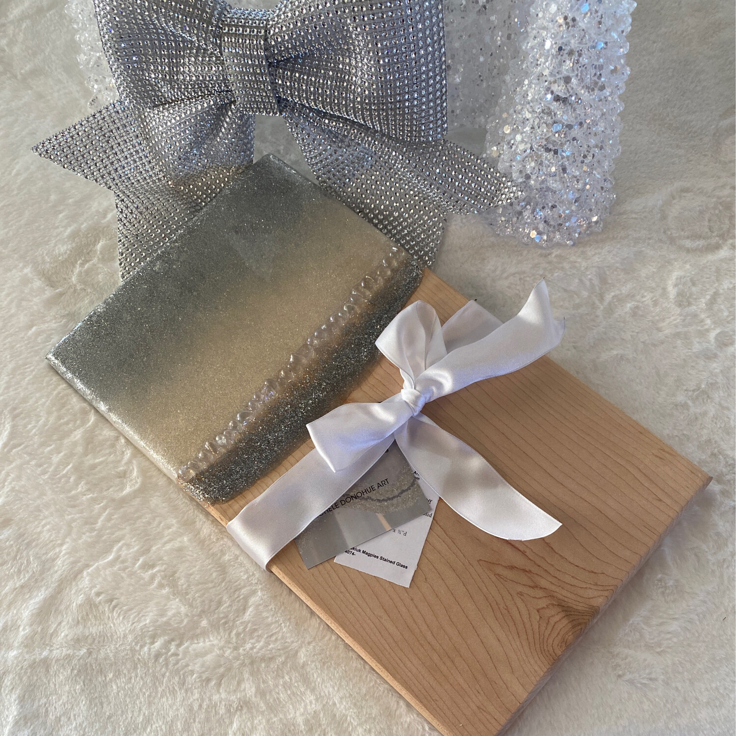 Charcuterie Server Silver Off White W Angel Aura Quartz Gemstones 16”L Maple