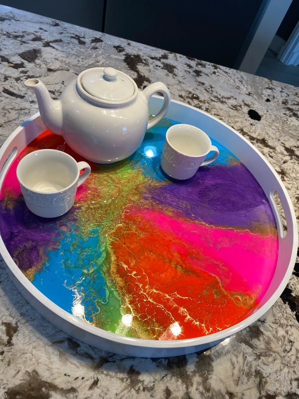 Tray White With Bright Multi Coloured Resin Art 19.75”