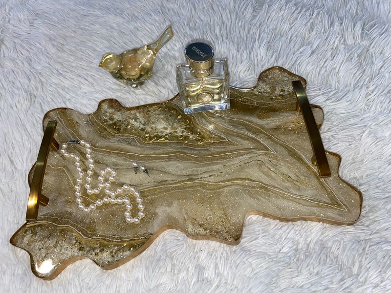 Tray, Vanity Tray, Solid Resin Holds, Whites, Silver &amp; Gold Handles