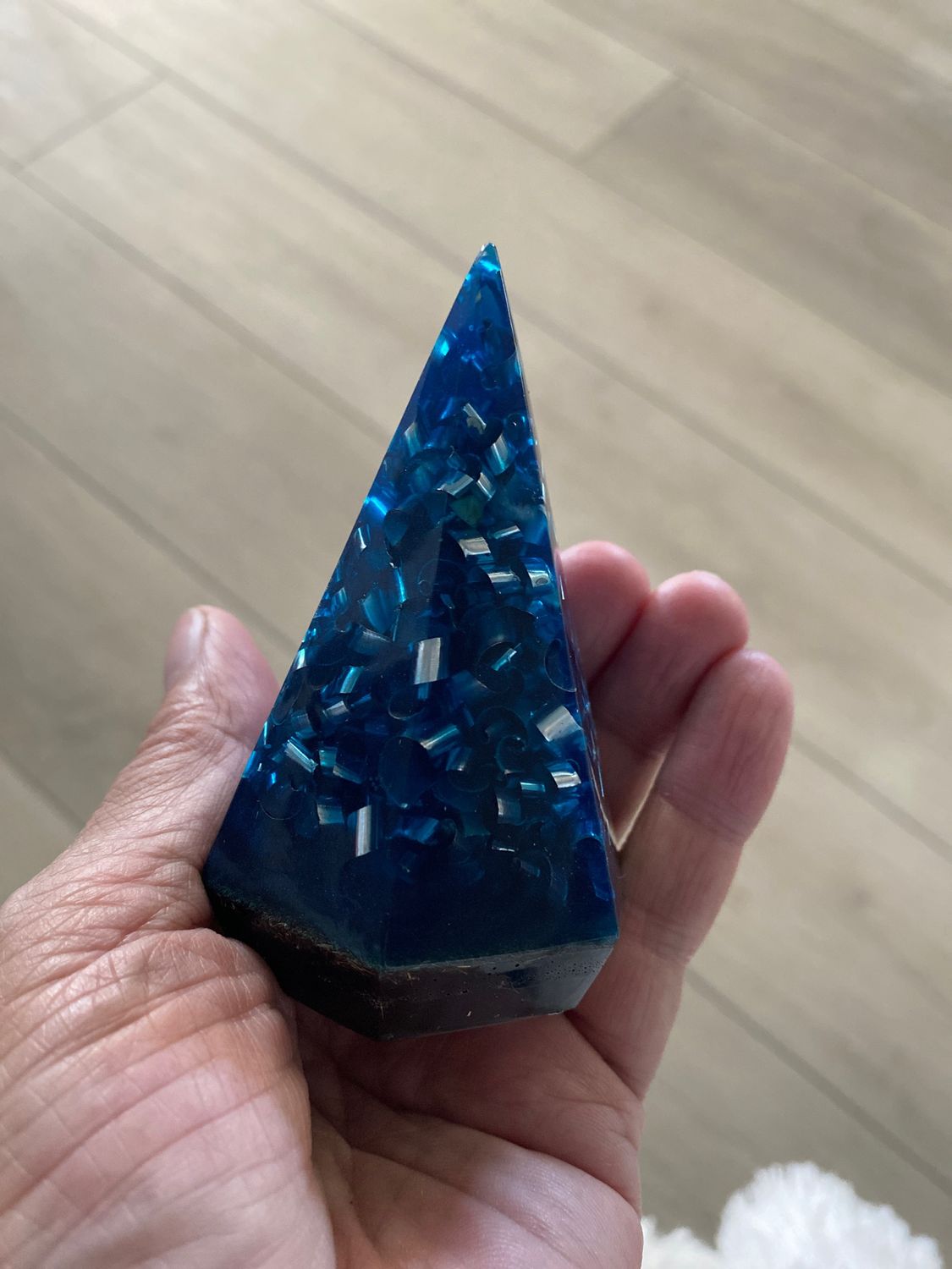 Orgonite Pyramid Hexagonal 3.7”h, Blue Black W Copper Tensor Ring