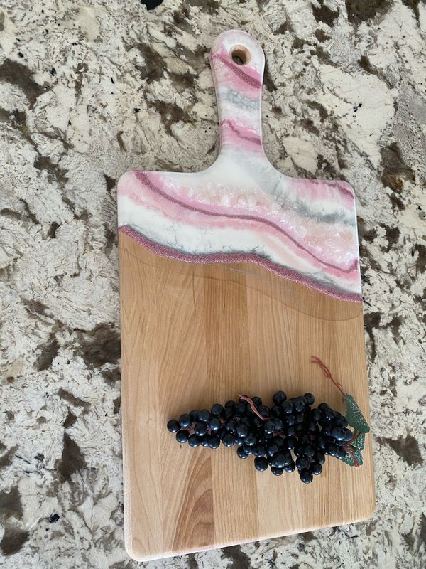 Charcuterie server Rose Quartz Gemstones On 20”L Maple Paddle Board