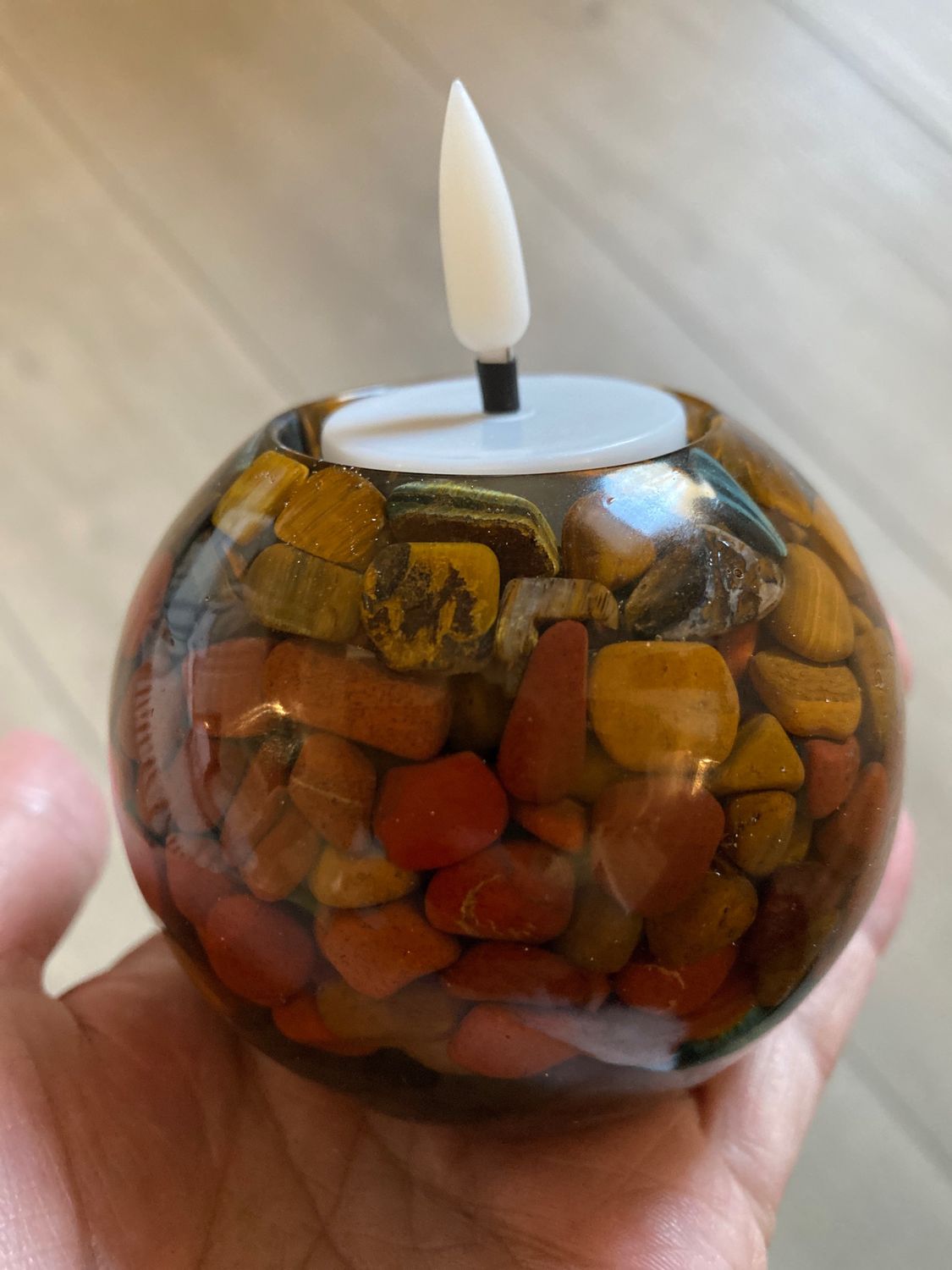 Candle Holder Sphere, 3.2”, Genuine Tigers eye, Brown &amp; Red Jasper &amp; Black Rock.