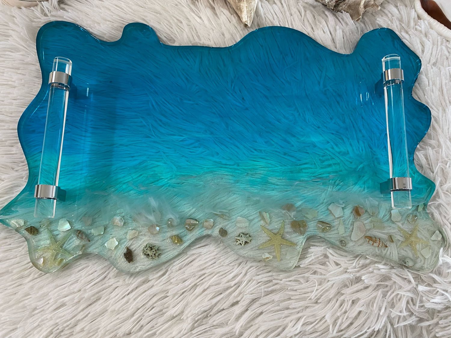 Tray, Vanity Tray, Solid Resin Beach Vibe W Clear Handles