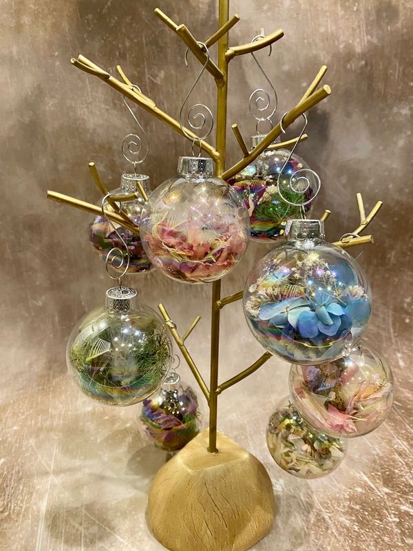 Ornaments, Botanical 2”Glass Baubles Filled W Dried Florals &amp; Organics