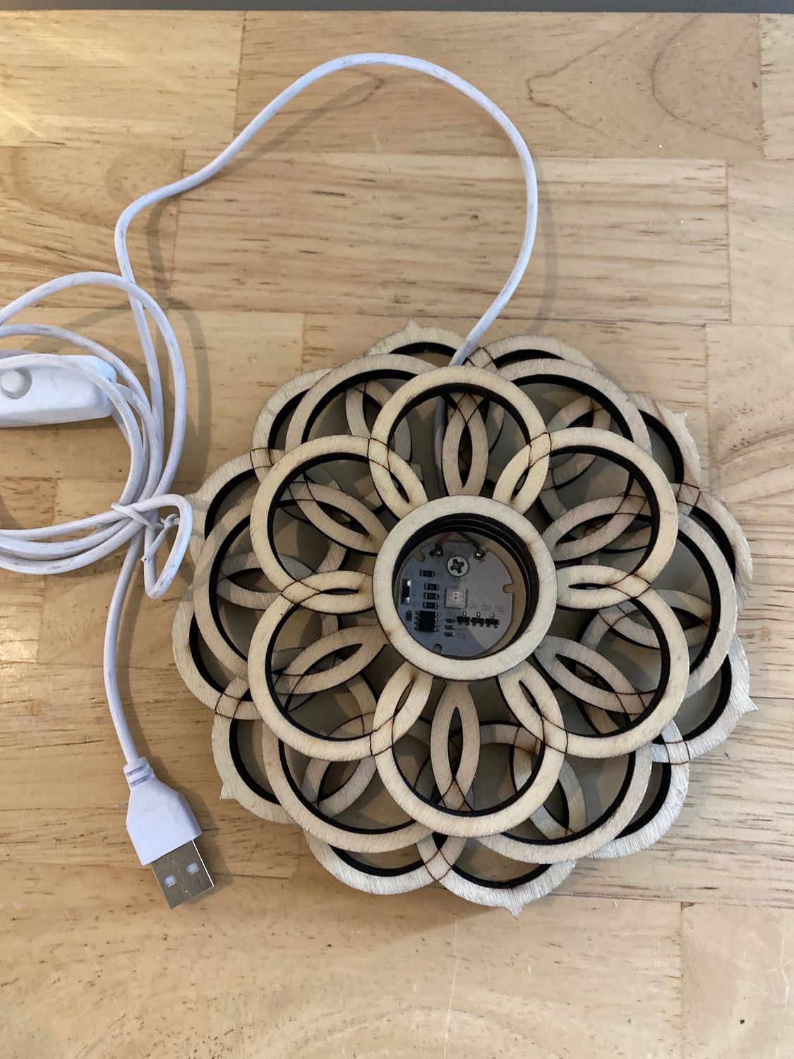 Lighted Display Stand, Flower Of Life, Wood Base, Coloured Lights