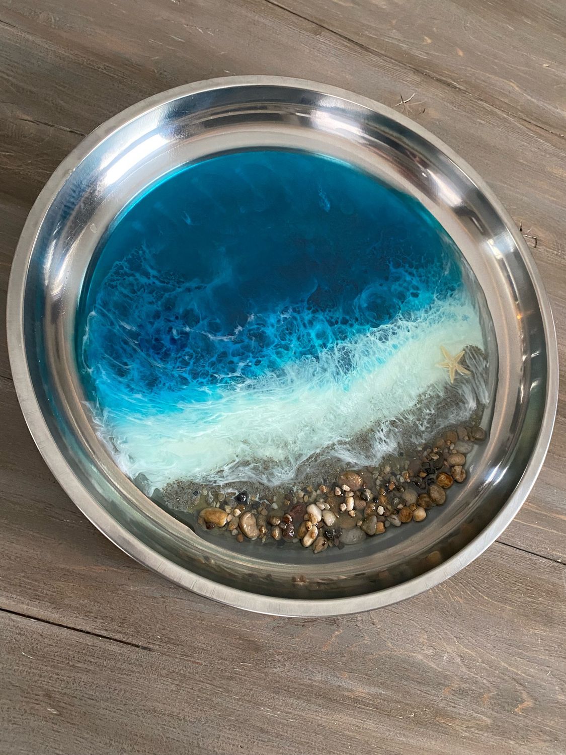Silver Tray, Round 16”, Ocean Beach Style Resin Art