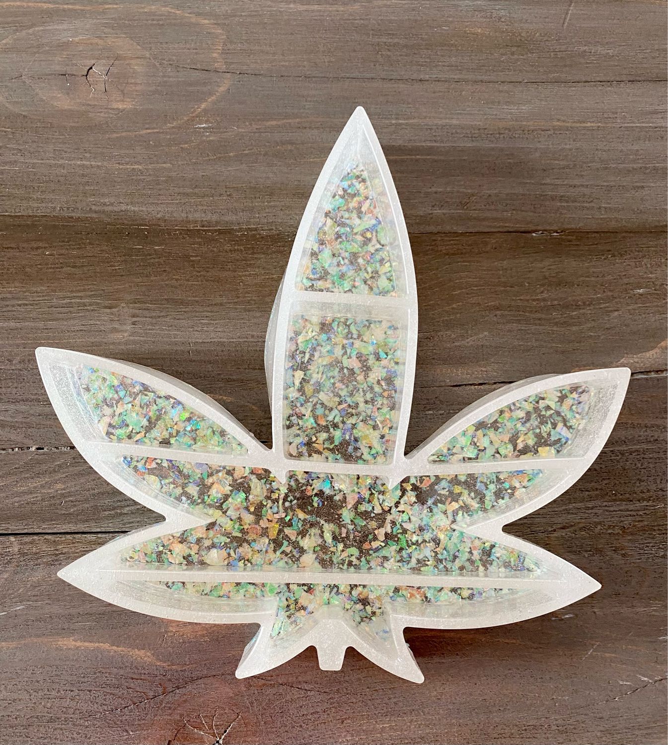 Shelf Desk Tray, Resin Cannabis Leaf W Iridescent Bits, 9 1/2”h