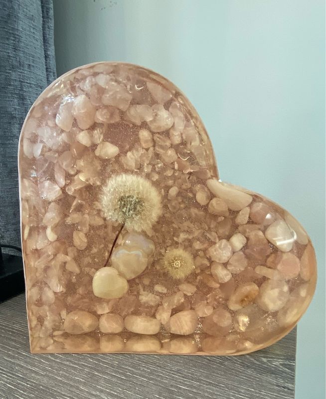 Resin Heart 8”w, W Dandelion Wishes &amp; Genuine Rose Quartz Crystals, Subtle Pink Tint
