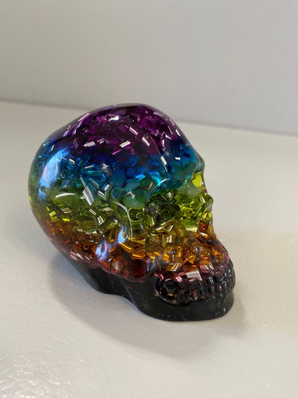 Orgonite Skull, 4”L, Chakra Skull Orgonite.