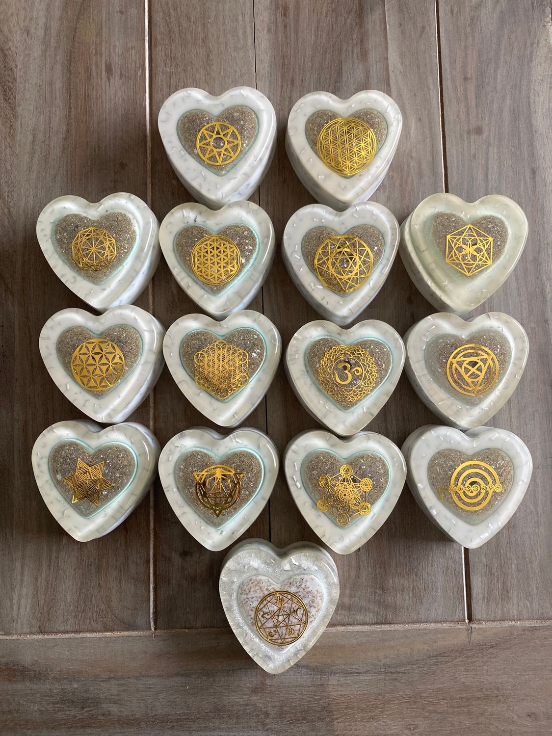 Orgonite Heart Puck/TB, White w Different Metal Heart Insets