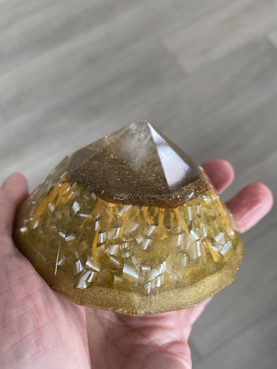 Orgonite Gem Shape Pyramid, Yellow Gold, 3.75”w
