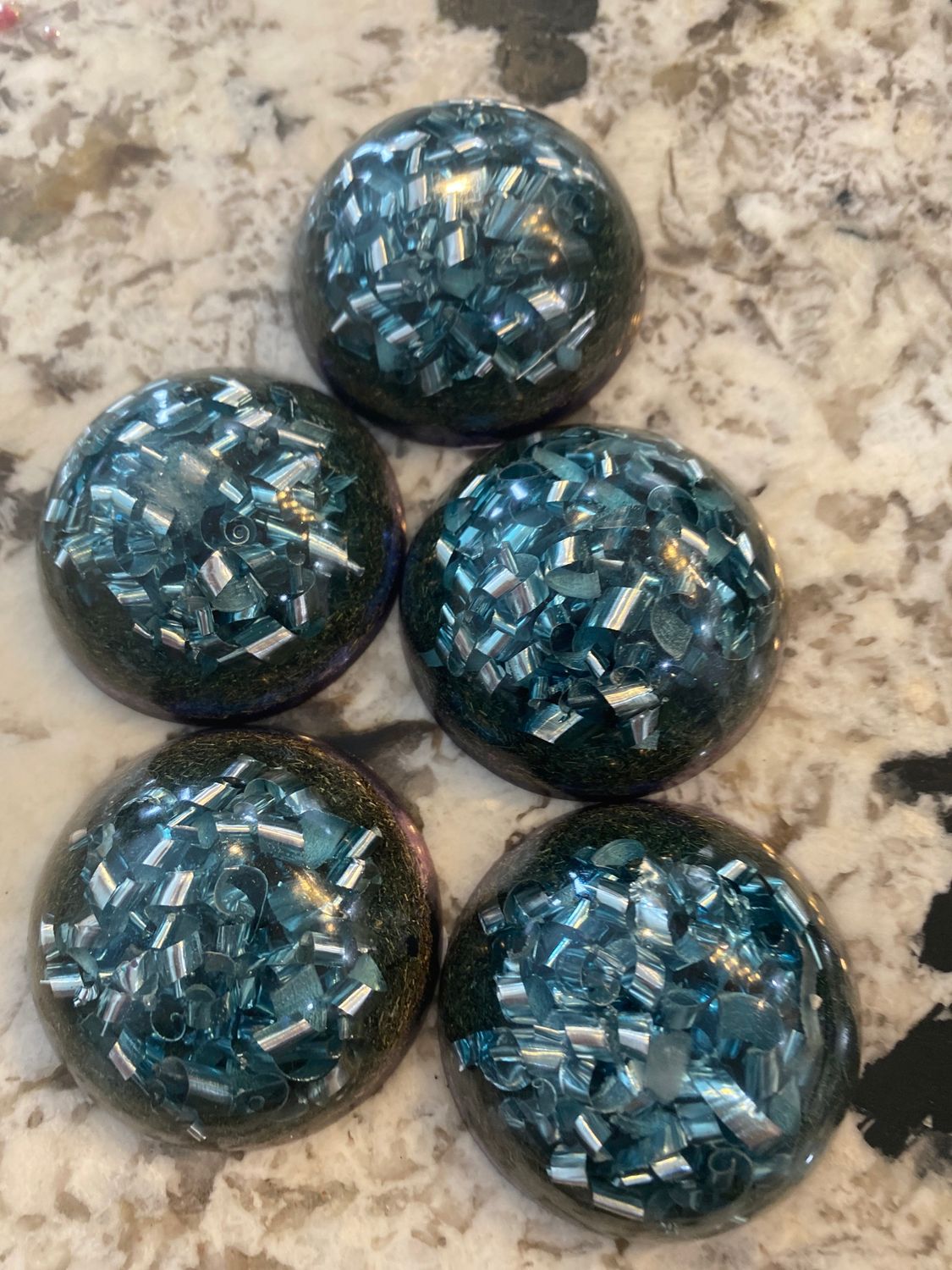 Orgonite 1/3 Dome/Sphere Puck Aqua &amp; Black, 1.8”w