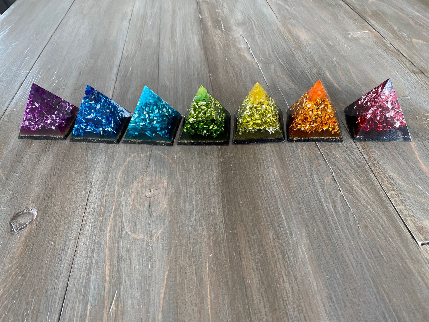 Orgonite Chakra Pyramids, 2.5”h X 2.3”w Each