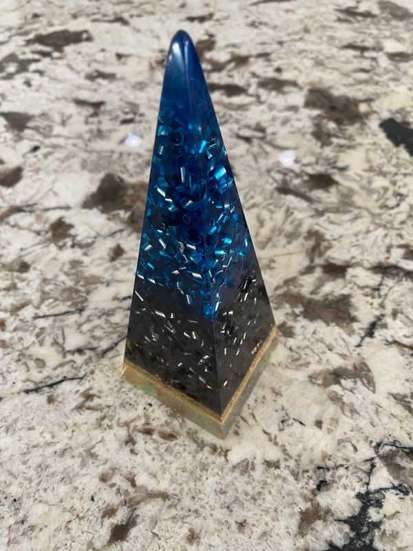 Orgonite pyramid pillar 6.75”h tall Blue Black Gold
