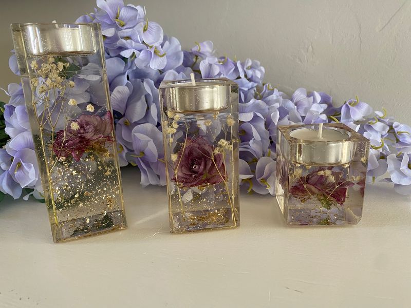 Candle Holder Set Of 3, Purple Mini Roses, &amp; Gold Flakes