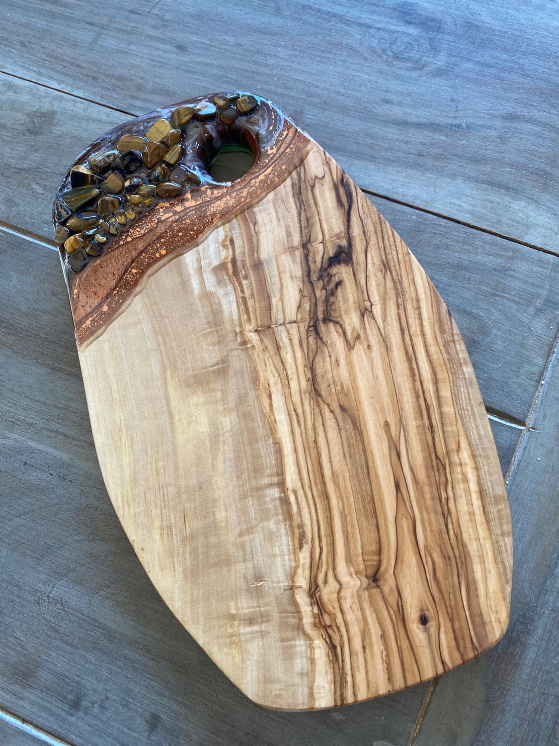 Charcuterie Server, Neutral Resin Art on Olive Wood W Tigers Eye Gemstones
