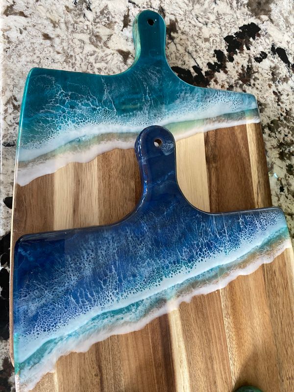 Charcuterie Board W Ocean Beach Wave On Teak, 17.75”L