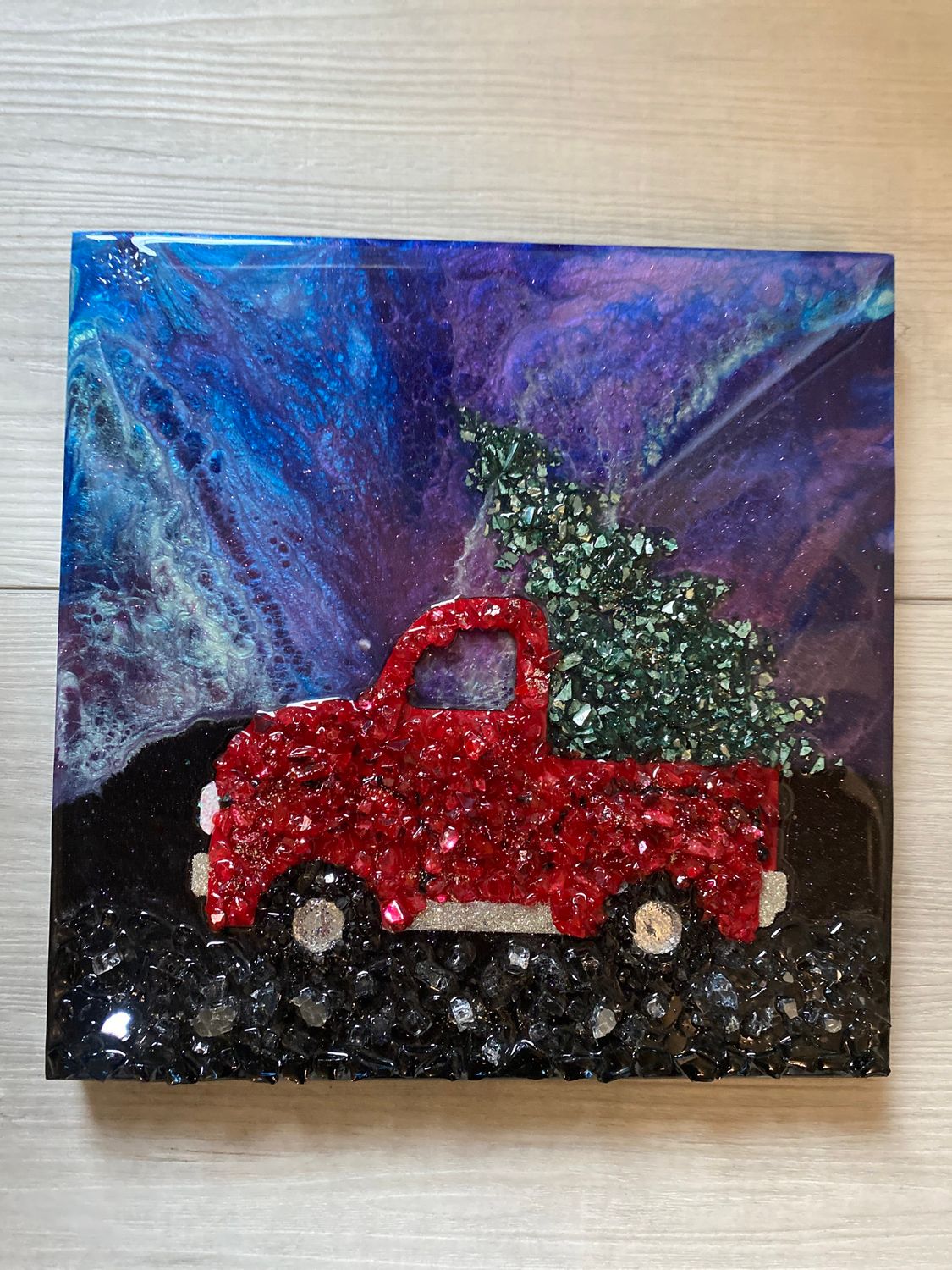 Christmas Truck Northern Lights 4, 10”x10”x.7 SOLD