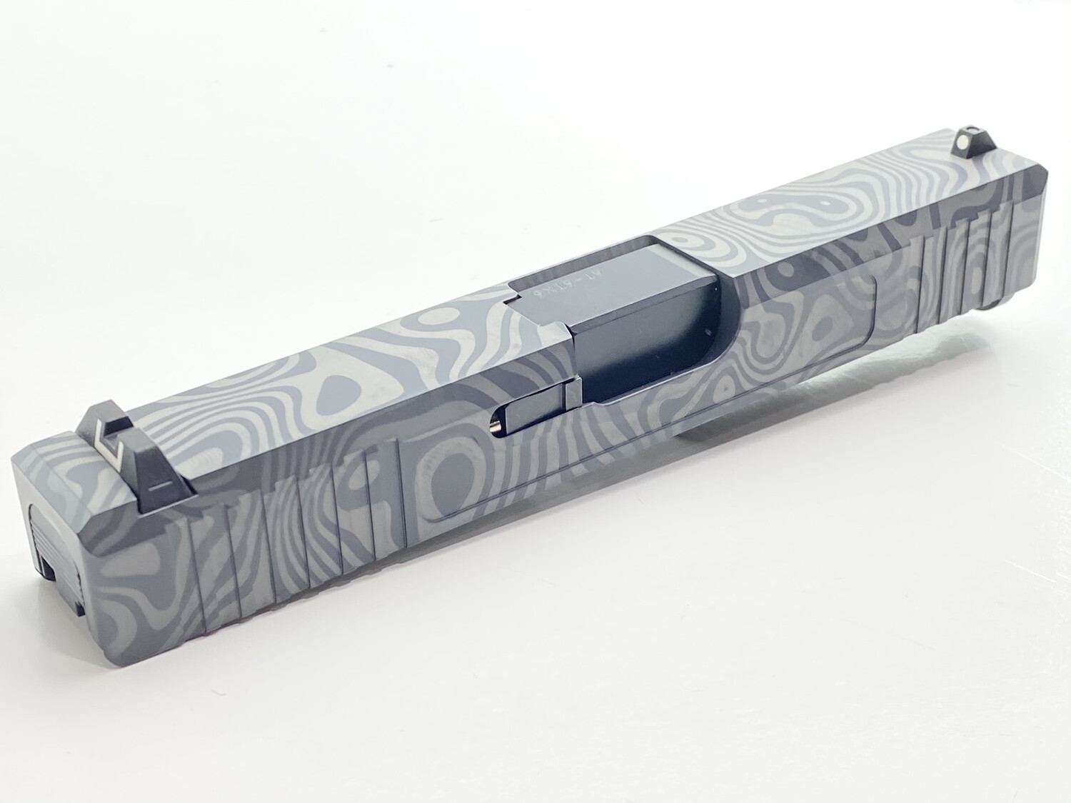 Glock 19 Slide w/ Front & Rear Serrations - Damascus Laser Engraved - Sniper Gray Glock 19 Slide w/ Front & Rear Serrations - Damascus Laser Engraved - Sniper Gray