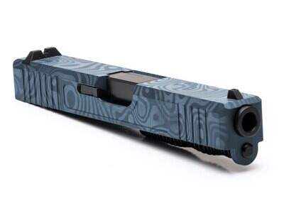 Glock 19 Slide w/ Front & Rear Serrations - Damascus Laser Engraved - Jesse James Blue