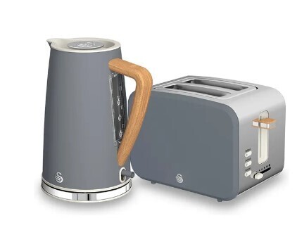 SWAN NORDIC POLISHED STAINLESS STEEL CORDLESS KETTLE &amp; 2 SLICE TOASTER - SLATE GREY
