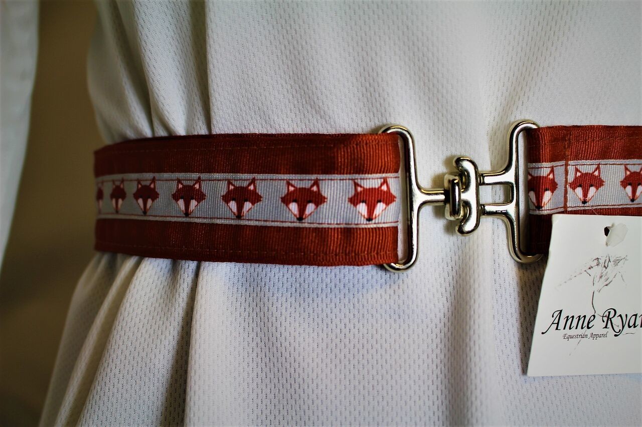 Anne Ryan Woven Ribbon Belt with Fox Design White on Rust Ribbon