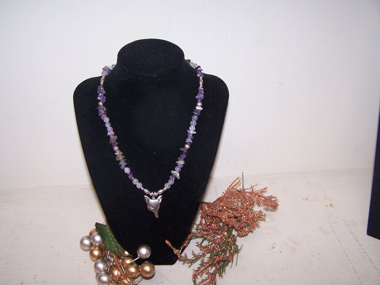 Necklace: Lavender Rock &amp; Bead, Fox Pendant