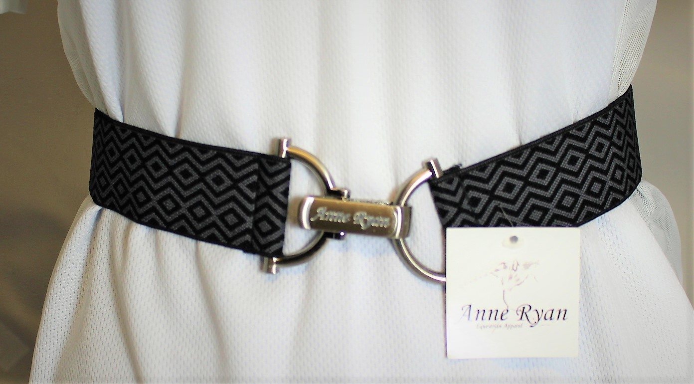 Anne Ryan Equi-Comfort Elastic Black Gray Designer Pattern, Engraved Logo &quot;Bit&quot; Buckle