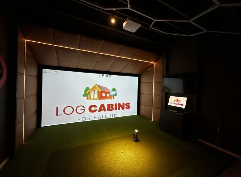 The Golfy McGolf Face Golf Cabin | 5.0 x 4.5m  - Golf Simulator Log Cabin | 44mm or 68mm Thick Logs | BESPOKE