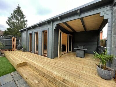Andrews Log Cabin | 44 or 68mm Logs | 8.0 x 3.5m Garden Building | Bespoke Range | MULTI ROOM side view of Andrews Log Cabin