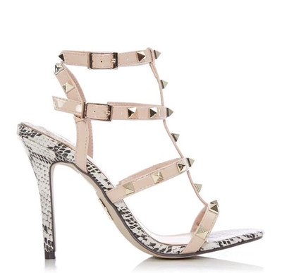 Yara Natural Snakeskin Studded Strap Heeled Sandal Yara Natural Snakeskin Studded Strap Heeled Sandal