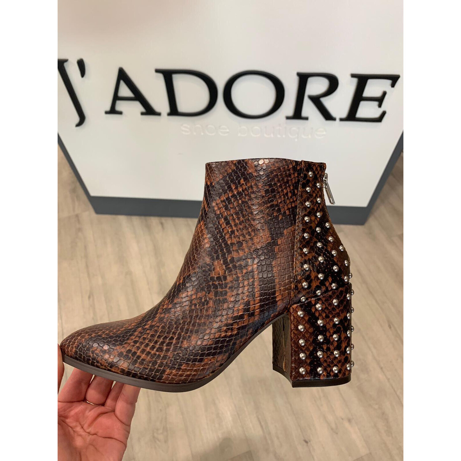 Jillian - S Brown Snake Print Leather Boot With Studded Detail