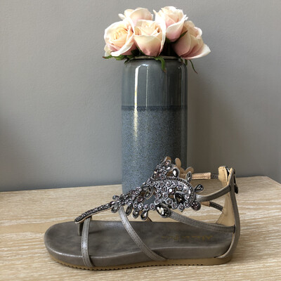 Pewter Silver Jewel Embellished Sandal Pewter Silver Jewel Embellished Sandal