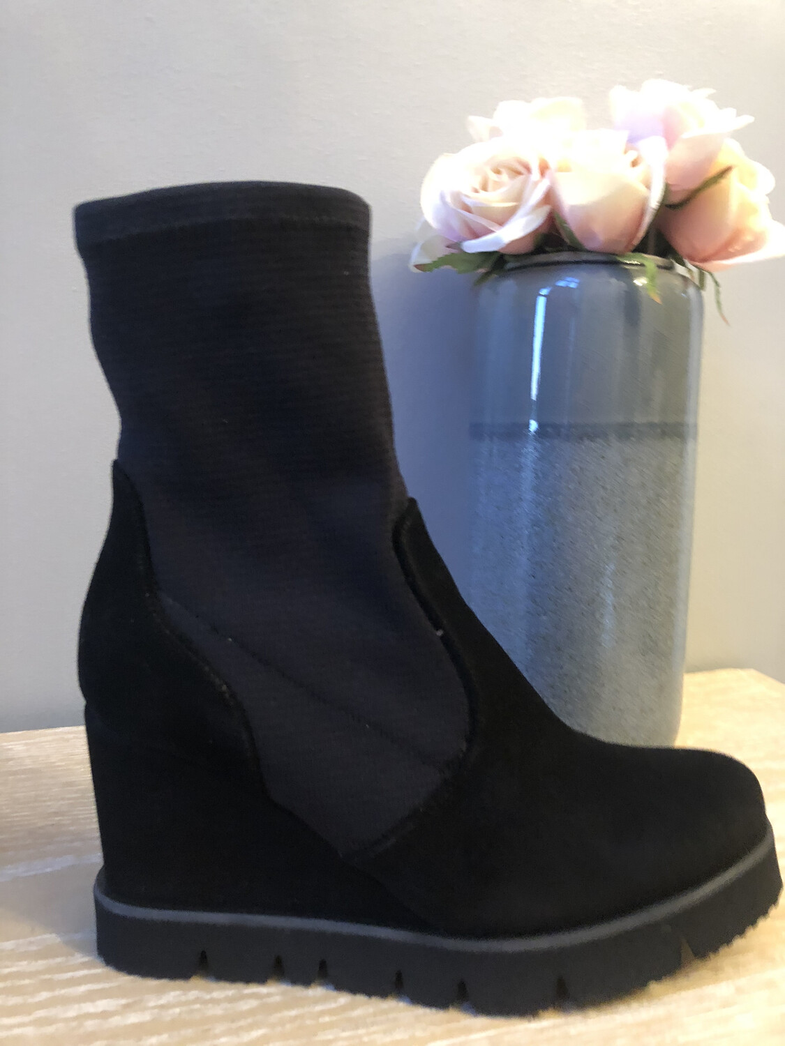 Marian - 24705 Black Suede Sock Wedge Boot