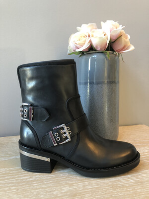 Black Leather Biker Boot with Silver Buckle Detail