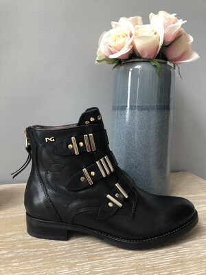 Black Leather Biker Ankle Boot With Gold Buckles Black Leather Biker Ankle Boot With Gold Buckles