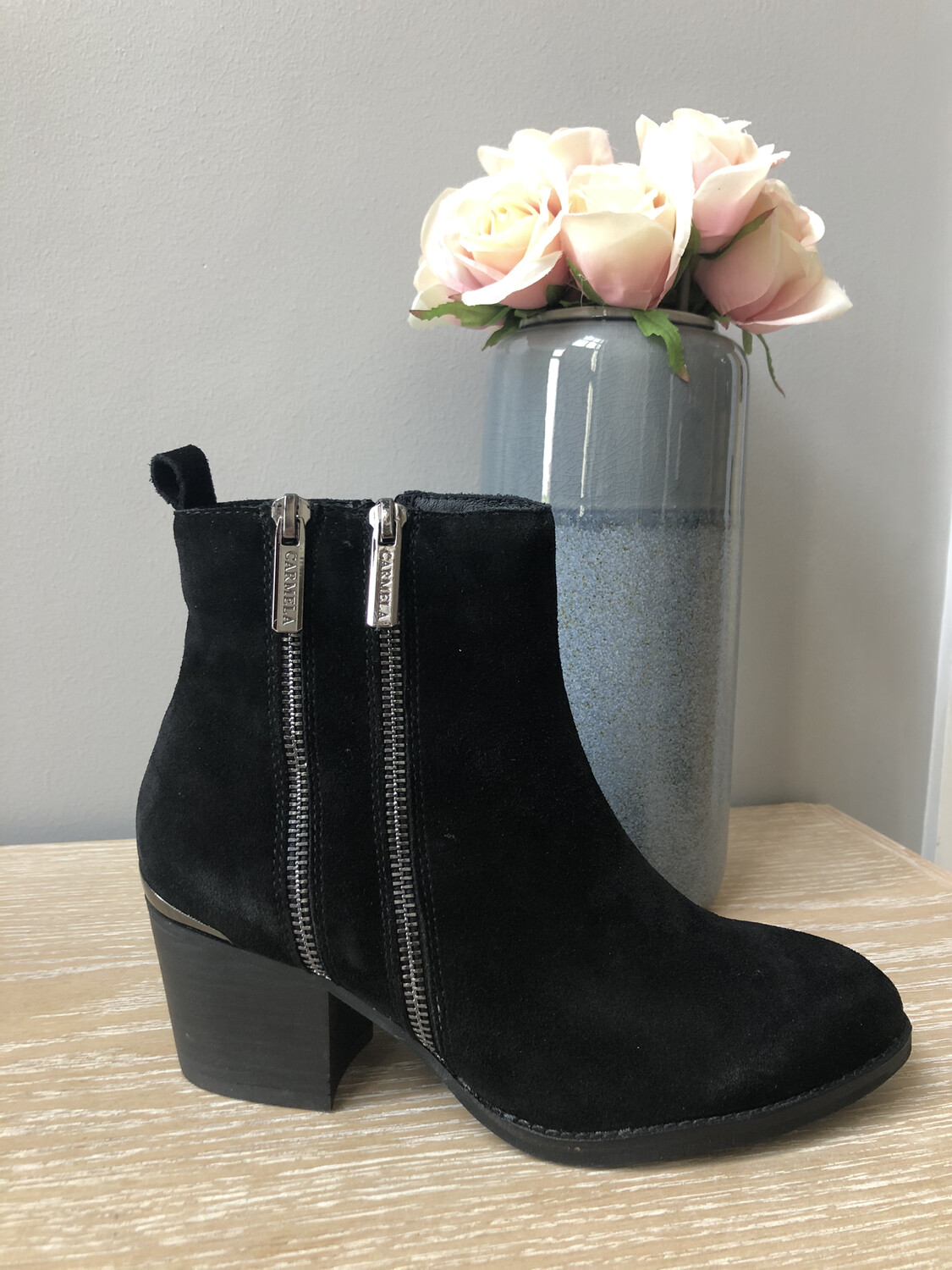 Black Suede Double Zip Ankle Boot