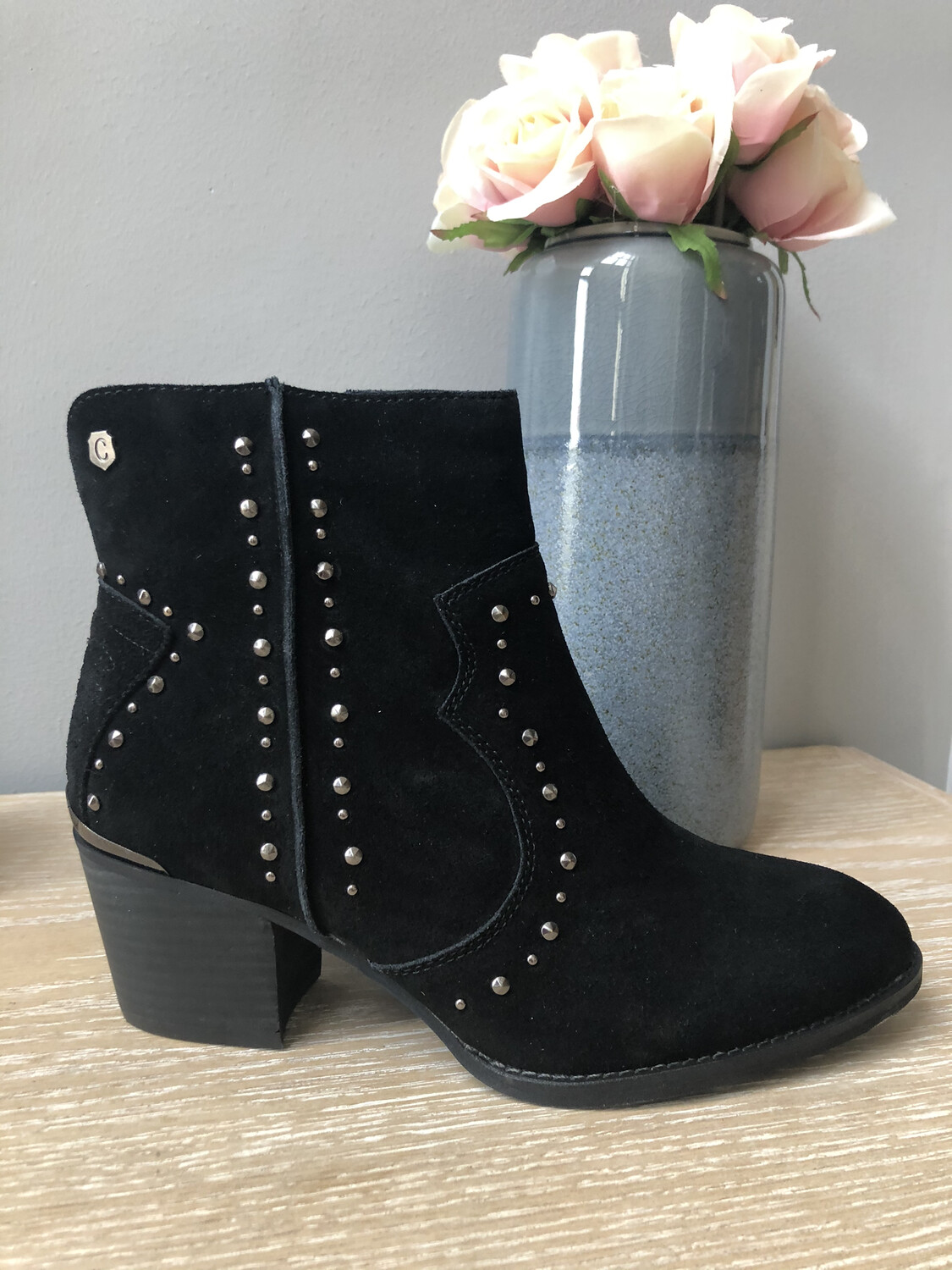 Black Suede Ankle Boot with Stud Detail