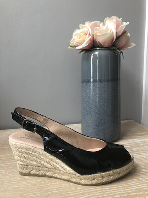 Black Patent Peep-Toe Wedge Espadrille 1616 Black Patent Peep-Toe Wedge Espadrille 1616