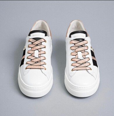 White Leather Trainer With Black And Rose Gold Detail White Leather Trainer With Black And Rose Gold Detail