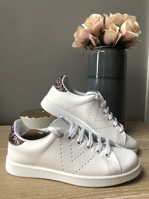 White Leather Trainer With Pink Sparkle