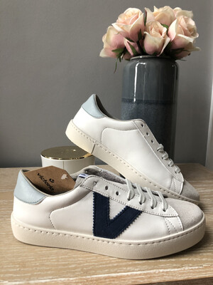 White Leather & Suede Trainer With Blue Detail White Leather & Suede Trainer With Blue Detail