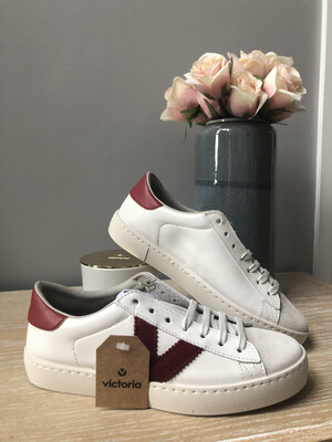 White Leather & Suede Trainer With Burgundy Detail White Leather & Suede Trainer With Burgundy Detail