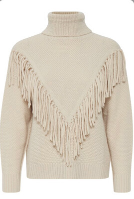 Cream Fringed Polo Neck Jumper