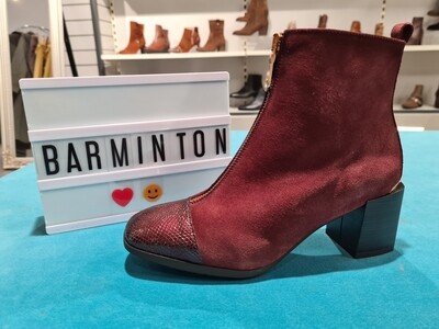 Burgundy Suede Boot With Zip Up Front And Patent Toe
