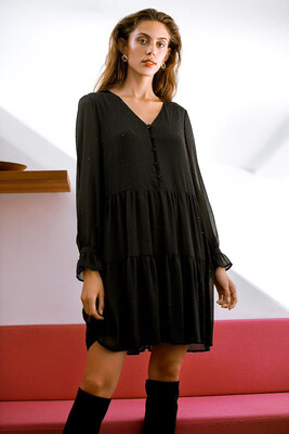 Black Chiffon Ruffled Dress With Beads Black Chiffon Ruffled Dress With Beads