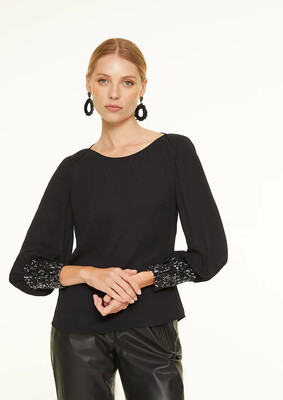 Black Sheer Blouse with Sparkle Cuff Detail Black Sheer Blouse with Sparkle Cuff Detail