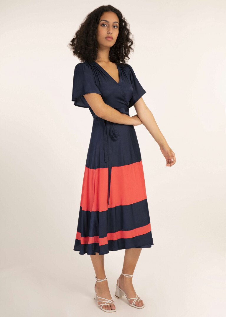 'Absatou' Wrap Cut Navy and Coral Dress